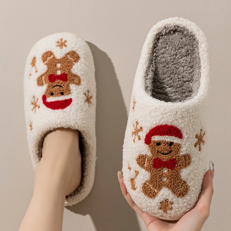Winter Women's Warm Christmas Slippers Cute Pattern Indoor Soft Sole Comfortable Casual Gingerbread Gift Home Shoes