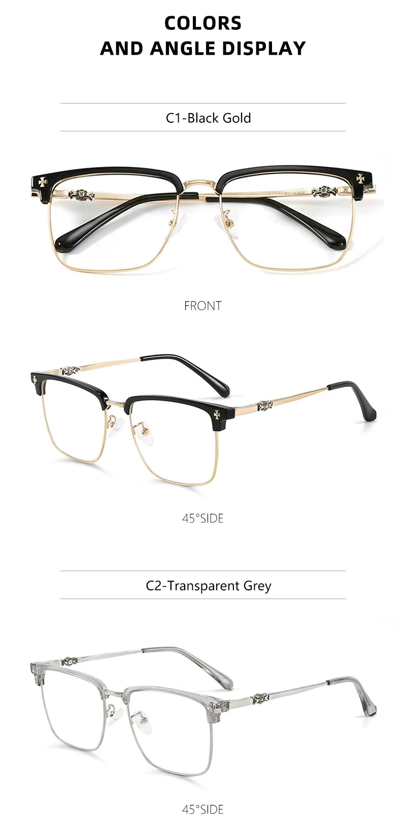 BLMUSA Men Classic Chrome Style Hearts Reading Glasses Anti Blue Light Myopia Glasses Photochromic Prescription Optical Eyewear