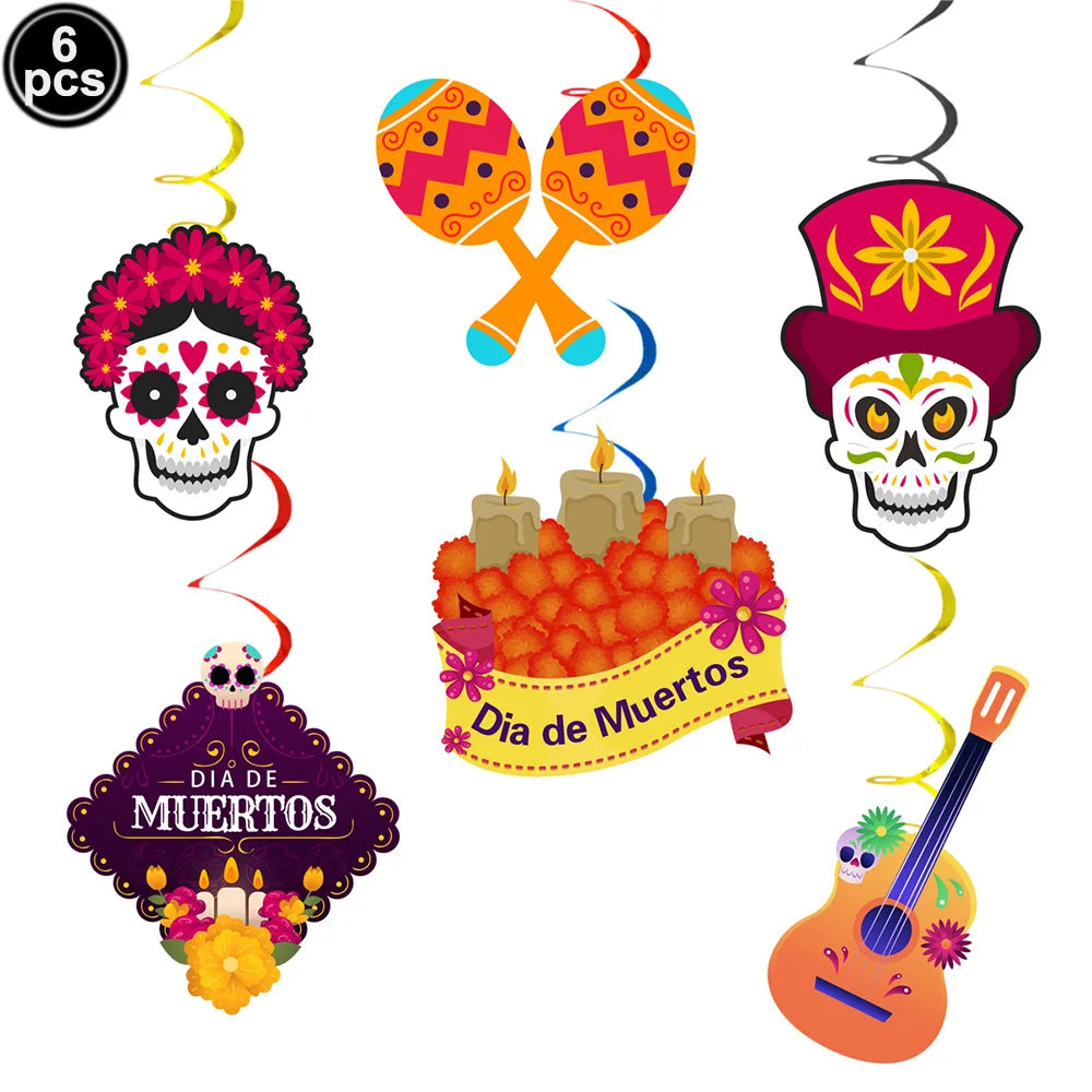 Mexico Day of the Dead Theme Party Hanging Decor Skull Banner Spiral Swirl Halloween Party Decoration Supplies