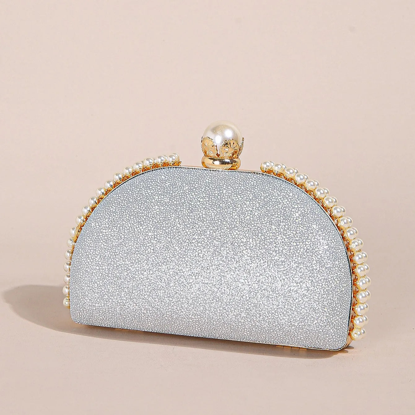 1PC Luxury Faux Pearl Decor Evening Bag,Big Faux Pearl Closure Sparkling Women's Clutch Purse For Wedding Prom Party