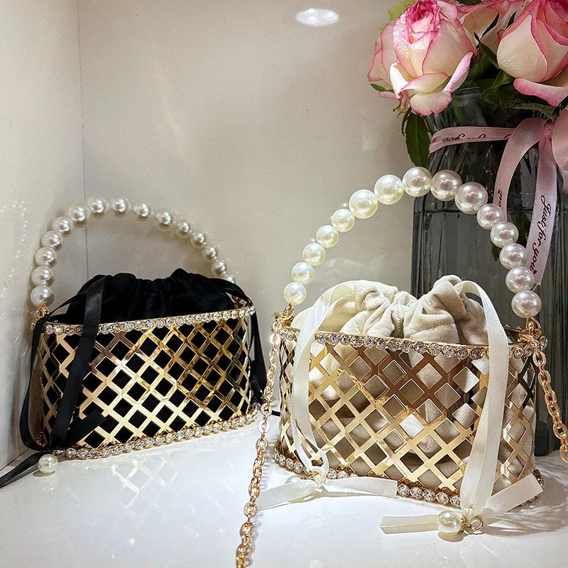 Fashion Pearl Beaded Handheld Women Handbag Gold Metal Cage Glitter Diamond Evening Bag Wedding Party Clutch Purse Crossbody Bag