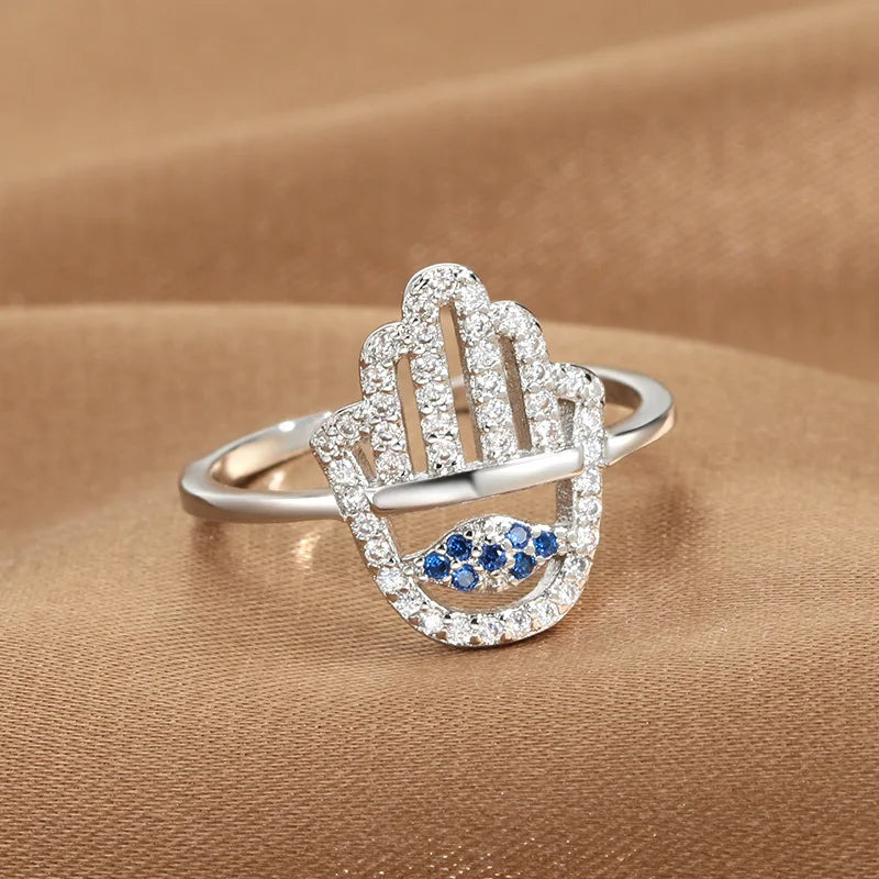 YILUOCD Hamsa Fatima's Hand Open Rings Turkish Blue Cubic Zircon Evil Eye Ring Protection Amulet Islamic Jewish Jewelry