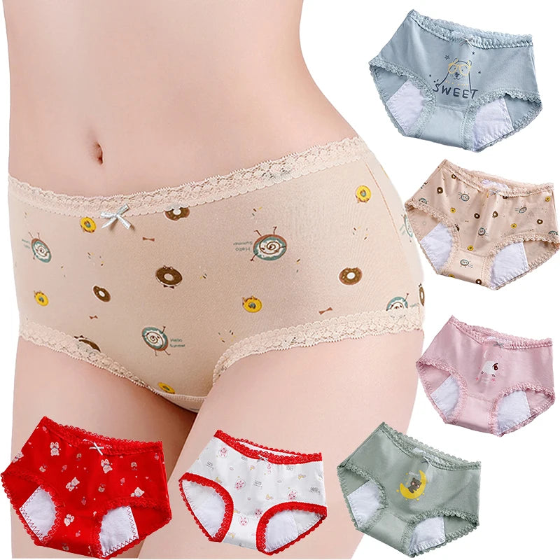 3pcs Menstrual Panties Girls Mid Waist Cartoon Bear Cotton Period Briefs Soft Leak proof Absorbent Incontinence Underwear S-XL