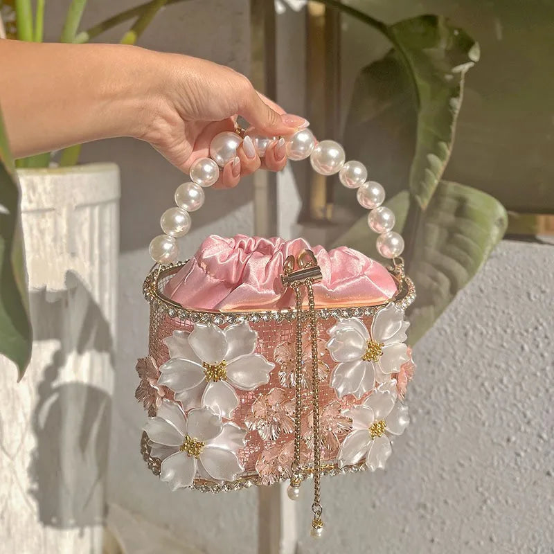 Hollow Out Metal Cage Handbag Women's Flower Clutch Purse Crystal Shiny Rhinestone Diamond Evening Bag Wedding Party