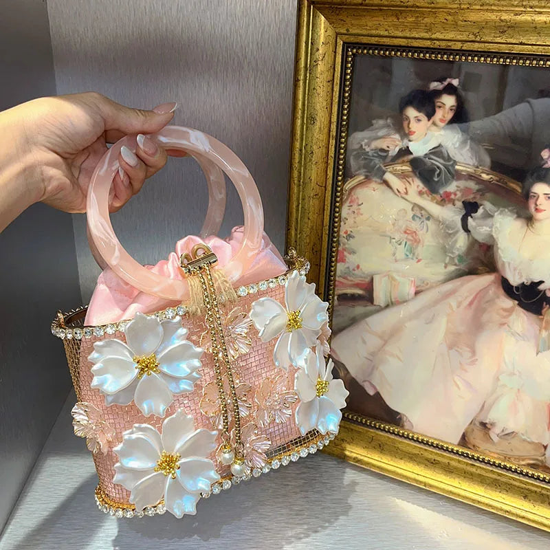 Hollow Out Metal Cage Handbag Women's Flower Clutch Purse Crystal Shiny Rhinestone Diamond Evening Bag Wedding Party