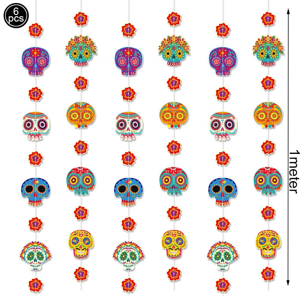 Mexico Day of the Dead Theme Party Hanging Decor Skull Banner Spiral Swirl Halloween Party Decoration Supplies