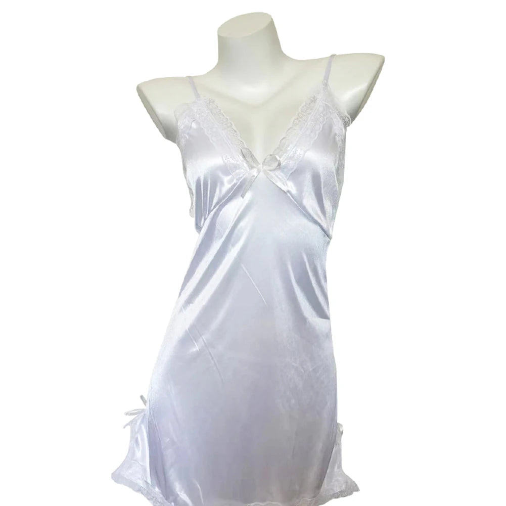 Sexy Women's Translucent Nightwear Satin Suspender Short Nightdress Thin Lace Slit Bow Female Exotic Nightgown Sleepwear