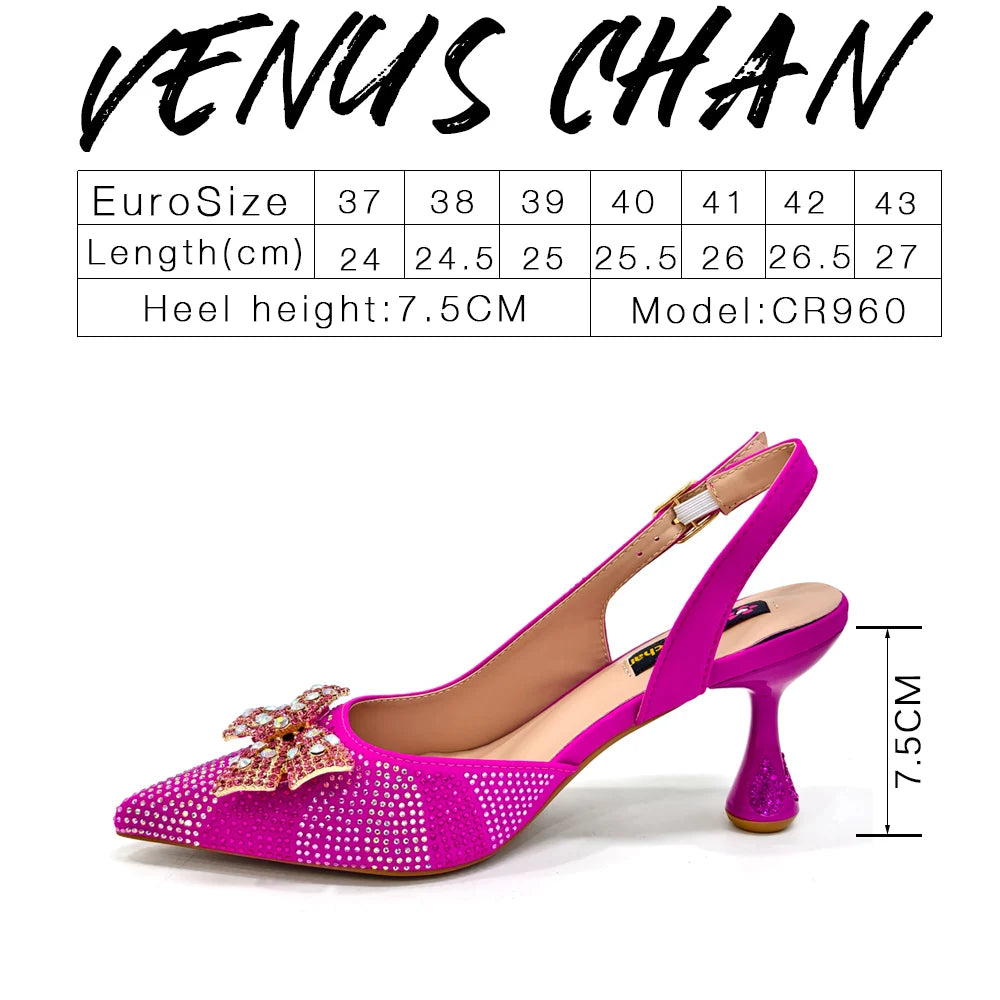 Venus Chan Green Color Pointed-Toe High Women Heels Shoes and Bags for Women Rhinestone Evening Party Elegant Luxury Handbag