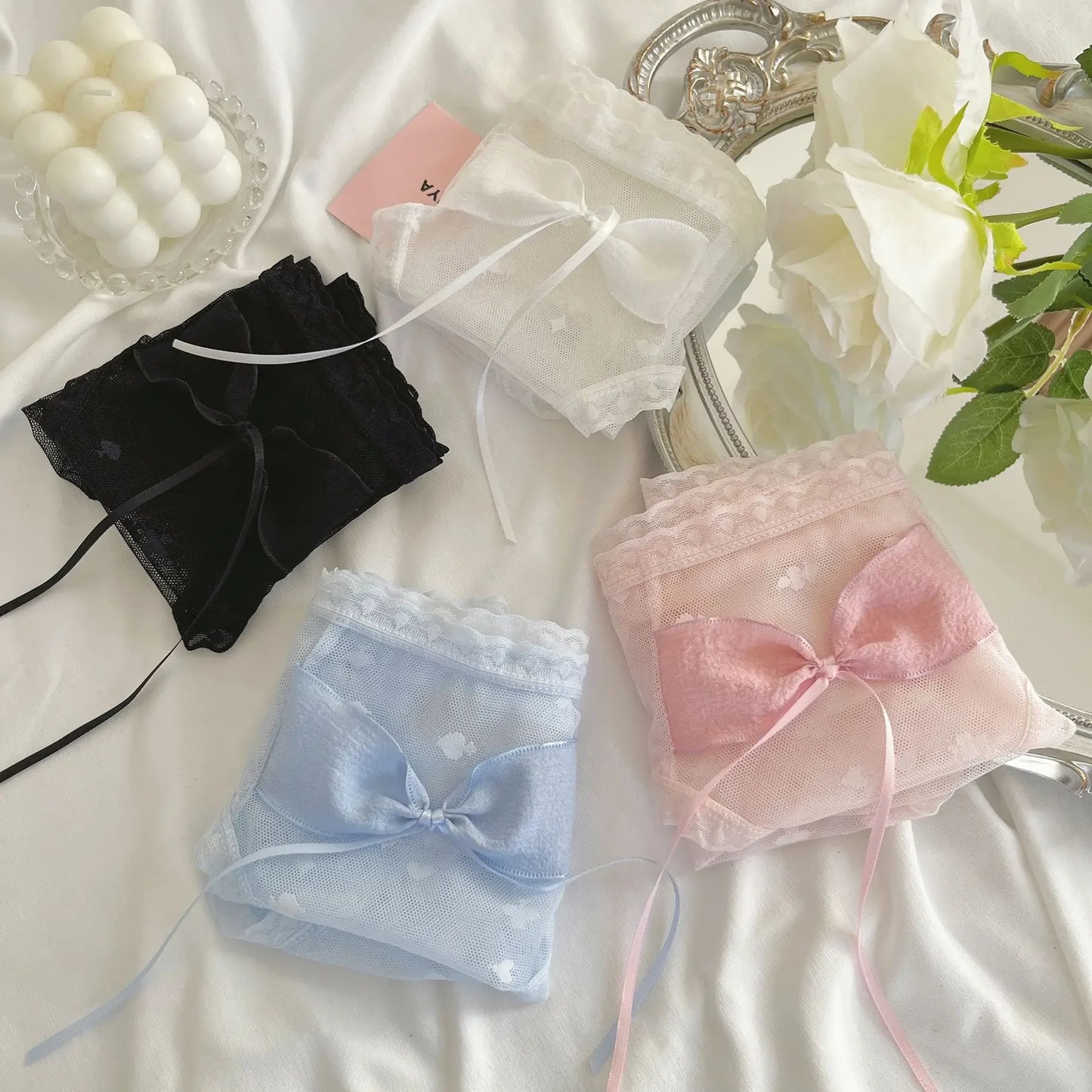 Pure Desire Sexy Lace Briefs Girls Underwear Netting Seamless Butt Covering Mid Waist Design Cute Butterfly Knot Women's Panties