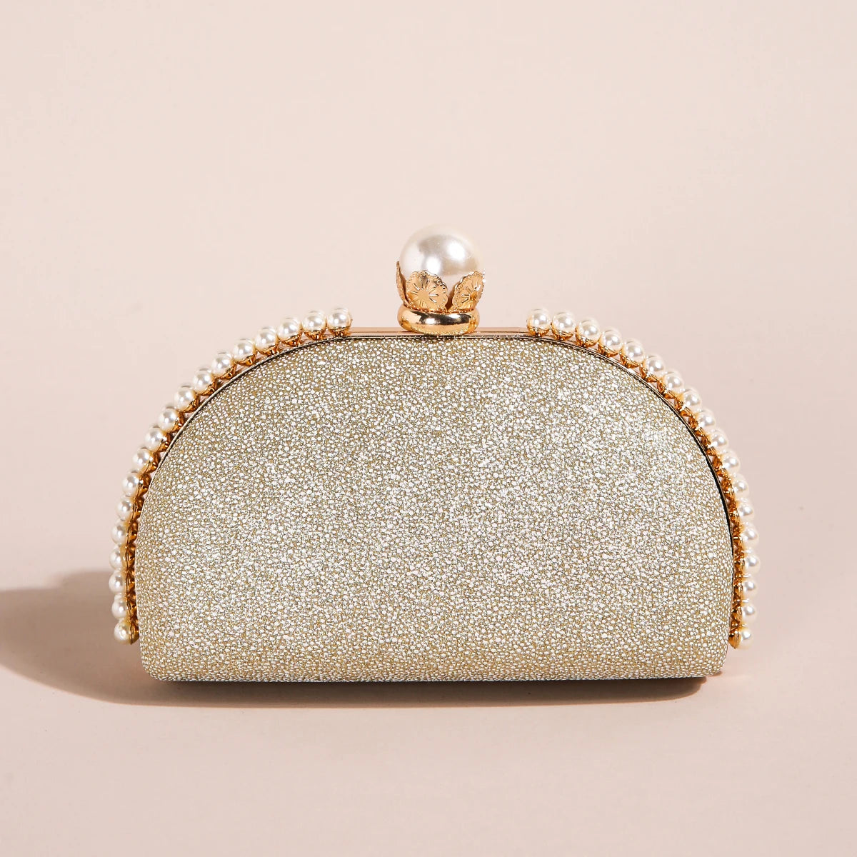 1PC Luxury Faux Pearl Decor Evening Bag,Big Faux Pearl Closure Sparkling Women's Clutch Purse For Wedding Prom Party