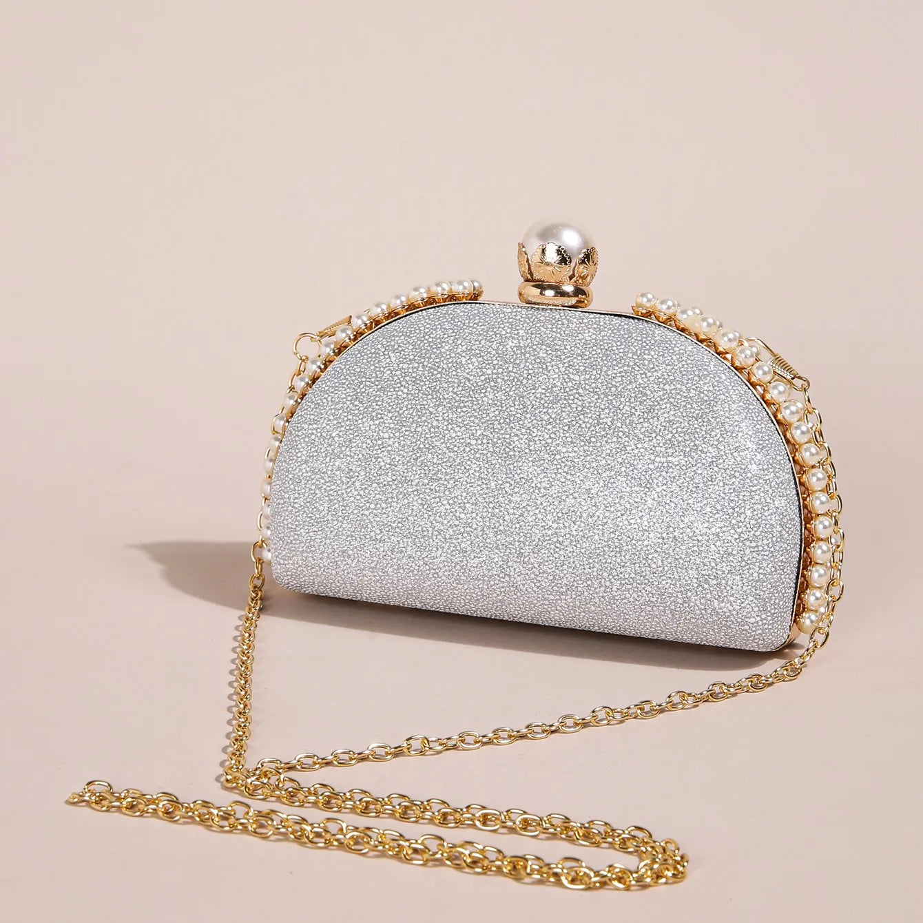 1PC Luxury Faux Pearl Decor Evening Bag,Big Faux Pearl Closure Sparkling Women's Clutch Purse For Wedding Prom Party