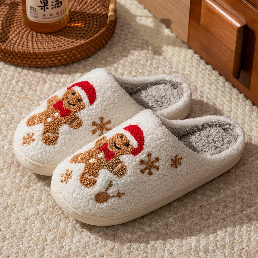 Winter Women's Warm Christmas Slippers Cute Pattern Indoor Soft Sole Comfortable Casual Gingerbread Gift Home Shoes