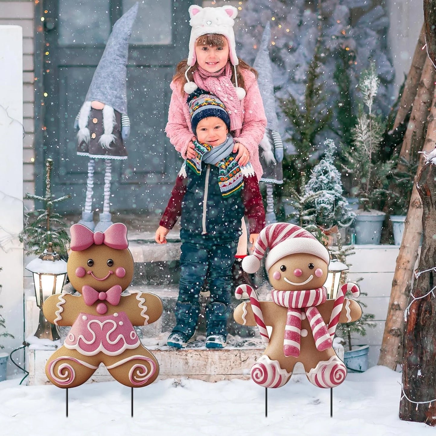 2 Pack 3D Metal Christmas Yard Stakes For Boy Girl Outdoor Garden Decor Ideal For Winter Xmas Party Festival Decoration