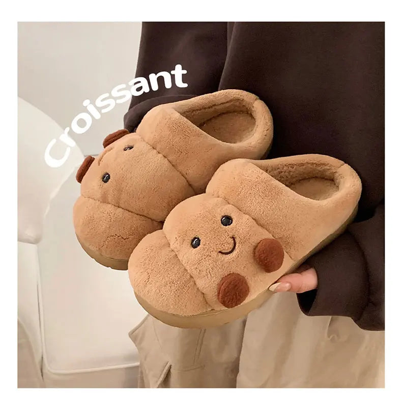 Fun Croissant Bread Cotton Slippers for Men and Women, Winter Couple Home Use, Thick-Soled Non-Slip Home Slippers for Women