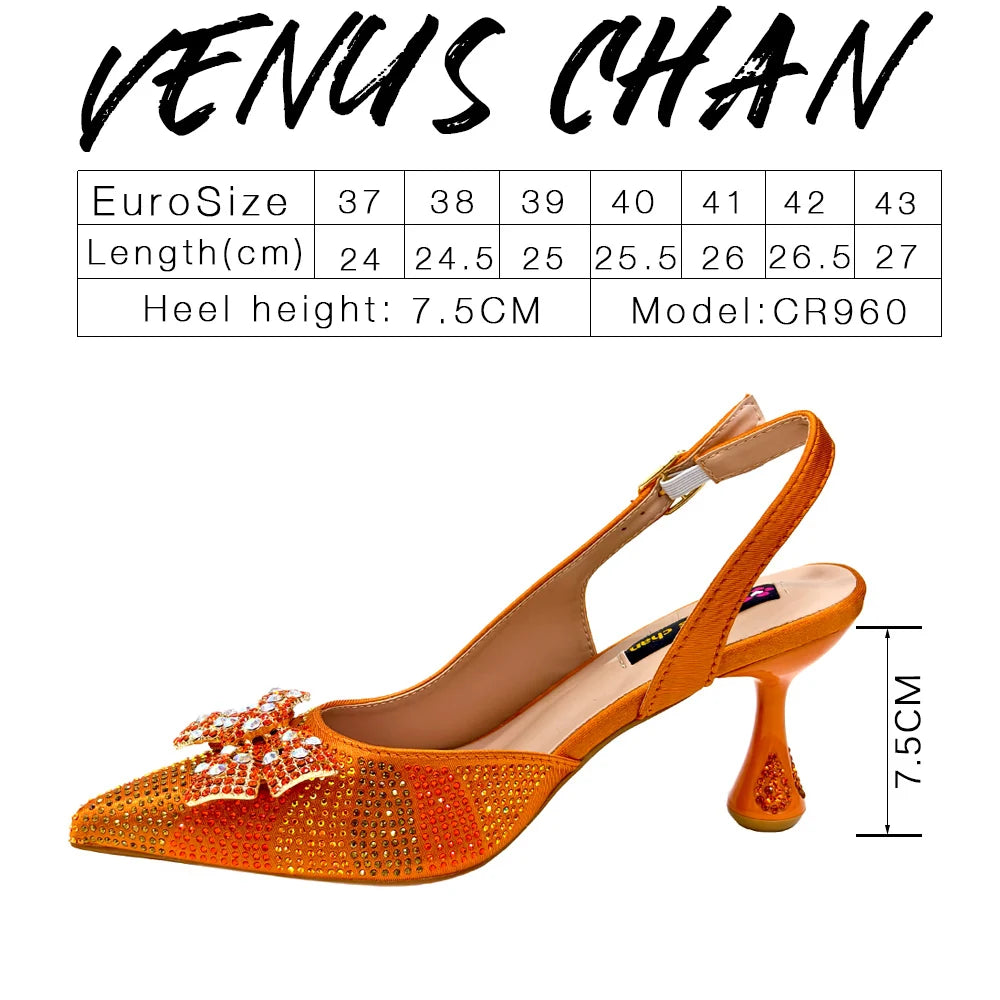 Venus Chan Green Color Pointed-Toe High Women Heels Shoes and Bags for Women Rhinestone Evening Party Elegant Luxury Handbag