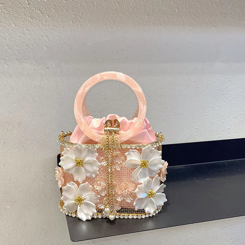 Hollow Out Metal Cage Handbag Women's Flower Clutch Purse Crystal Shiny Rhinestone Diamond Evening Bag Wedding Party