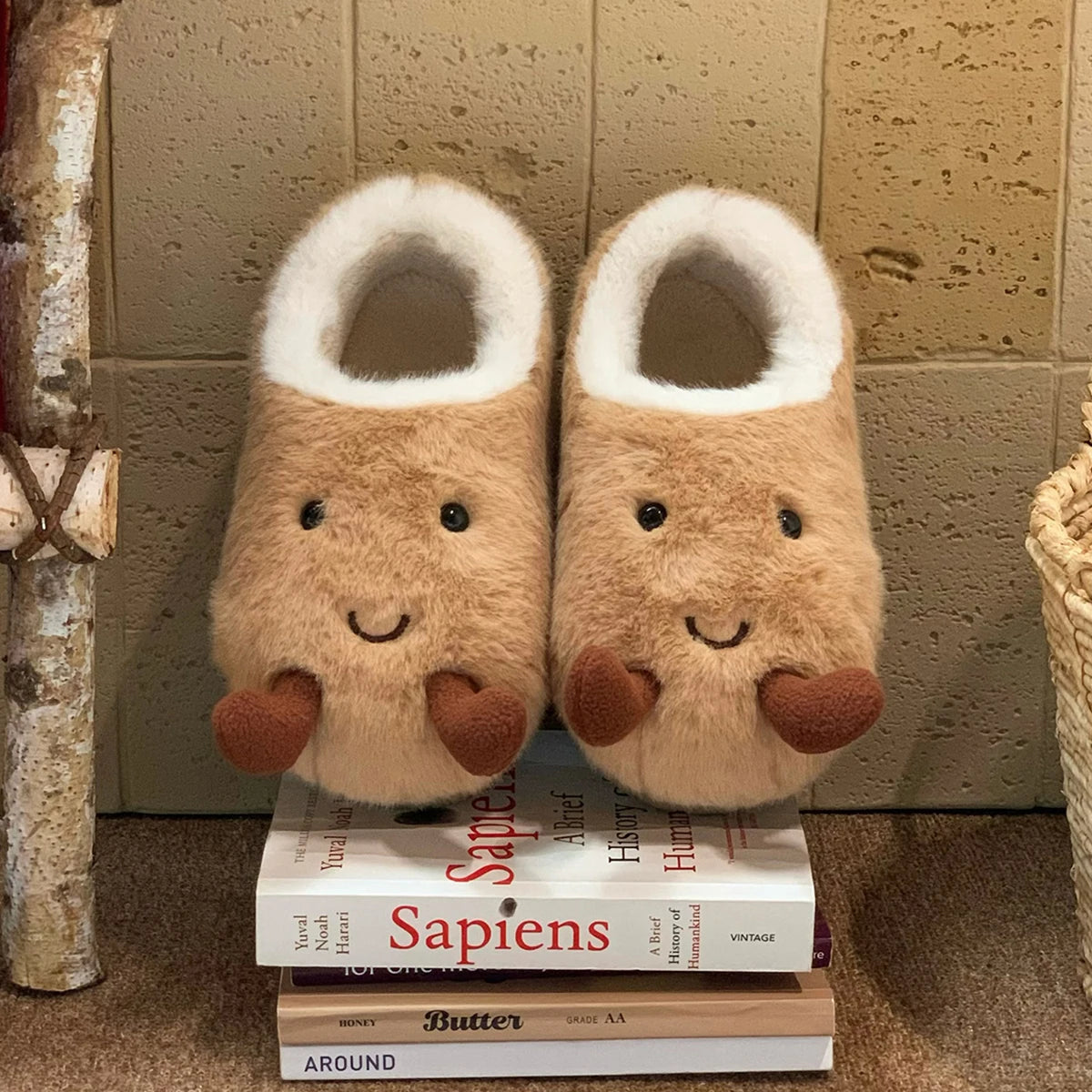 Fun Croissant Bread Cotton Slippers for Men and Women, Winter Couple Home Use, Thick-Soled Non-Slip Home Slippers for Women