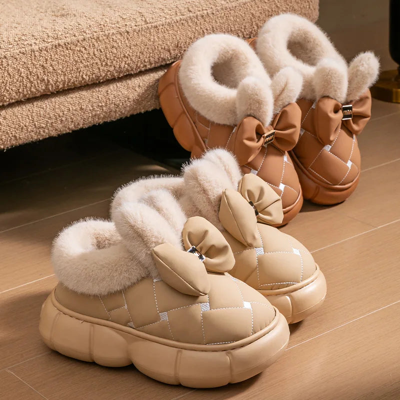 Thick soled bag with cotton slippers, women's winter new fashion bow with plush warm and waterproof snow boots for outdoor wear