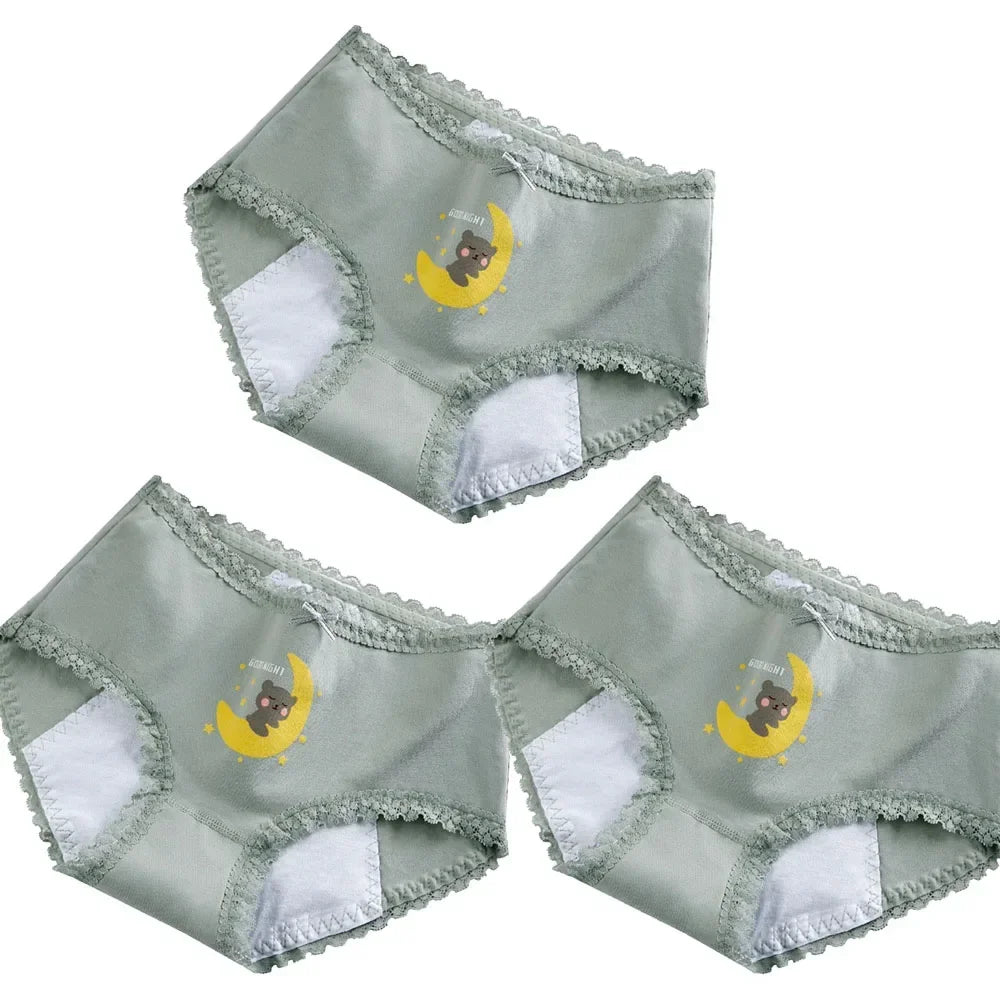 3pcs Menstrual Panties Girls Mid Waist Cartoon Bear Cotton Period Briefs Soft Leak proof Absorbent Incontinence Underwear S-XL