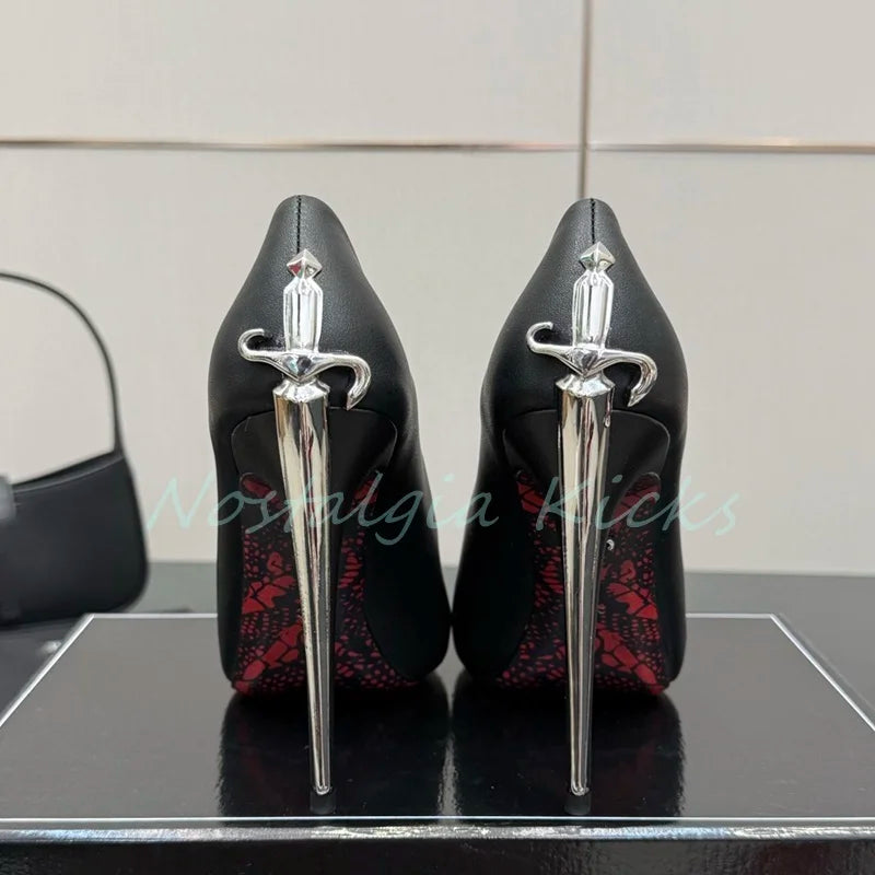 Fashion Suede Stiletto Heel Sword Design Pumps Pointed Toe Metal Embellished Elegant Evening Shoes Party Ladies Dress Shoes