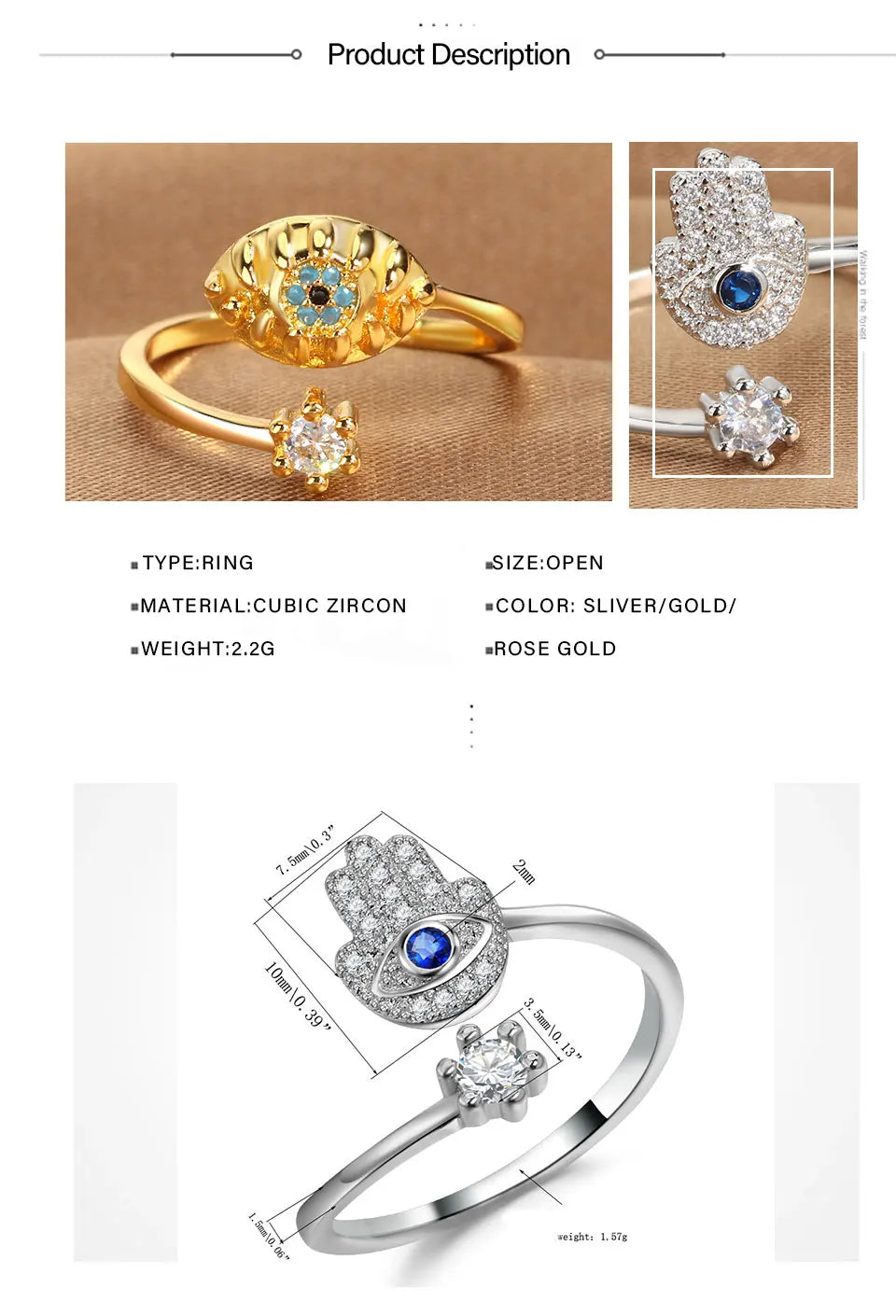 YILUOCD Hamsa Fatima's Hand Open Rings Turkish Blue Cubic Zircon Evil Eye Ring Protection Amulet Islamic Jewish Jewelry