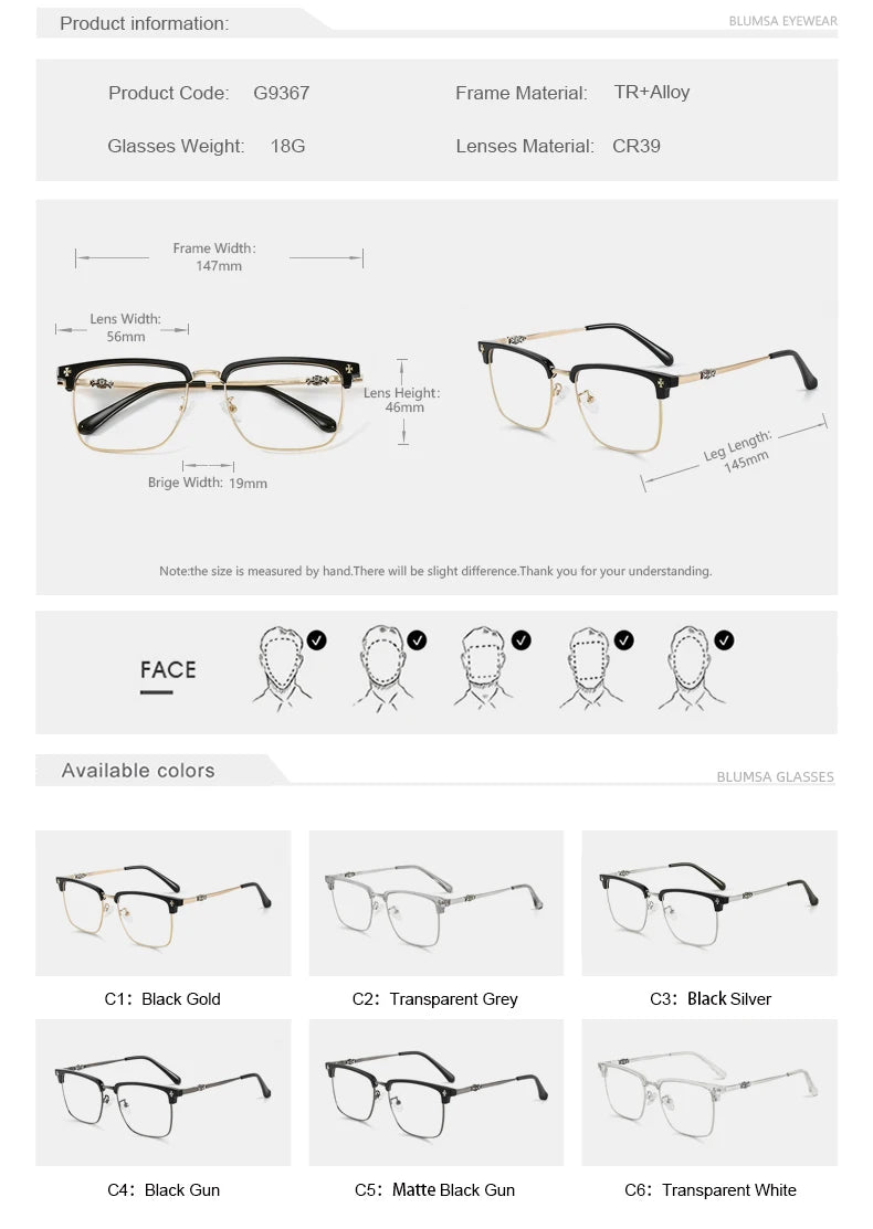 BLMUSA Men Classic Chrome Style Hearts Reading Glasses Anti Blue Light Myopia Glasses Photochromic Prescription Optical Eyewear