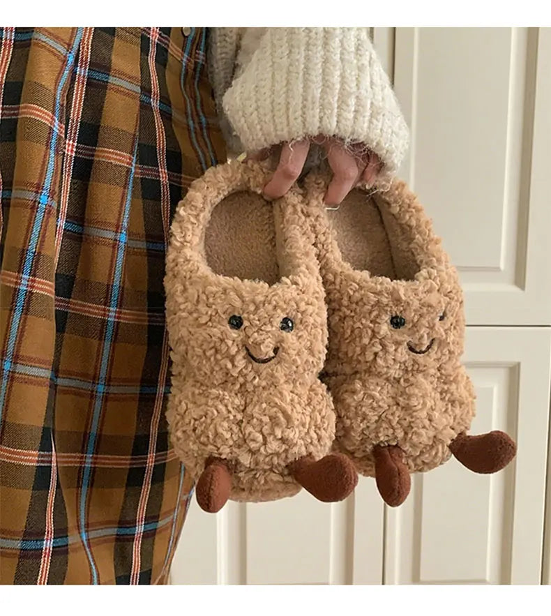 Creative and Fun Peanut-Shaped Home Warm Cotton Slippers for Women, Ins-Style Plush Non-Slip Winter Indoor Ladies' Slippers