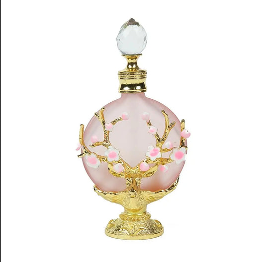 Vintage Decoration Bottle 30ML/1oz Pink Glass Enamel Antlers Plum Blossom Branch Clear Crystal Cap Aromatherapy Perfume Ornament