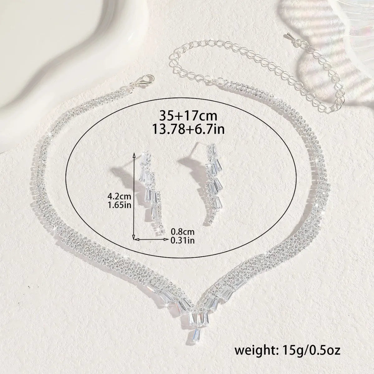 Ladies' Fashionable Silver-Plated And Diamond-Encrusted Metal Necklace, Earrings Set, Bride'S Wedding Attire And Accessories