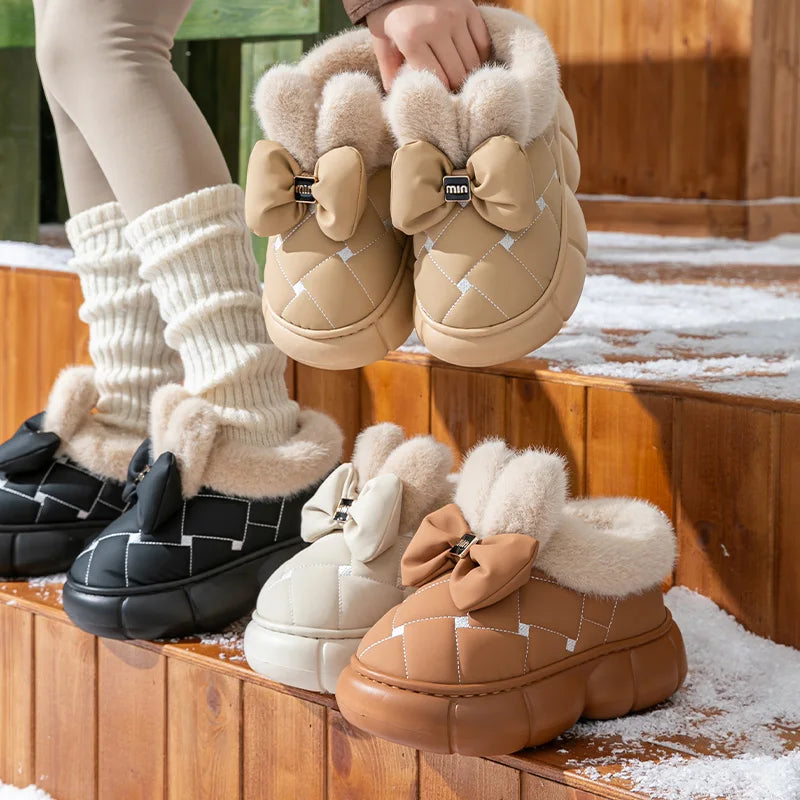 Thick soled bag with cotton slippers, women's winter new fashion bow with plush warm and waterproof snow boots for outdoor wear
