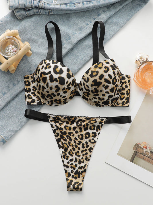 Sexy leopard print 2-piece set with gathered lifting and thickened steel support bra set for women's underwear B2051