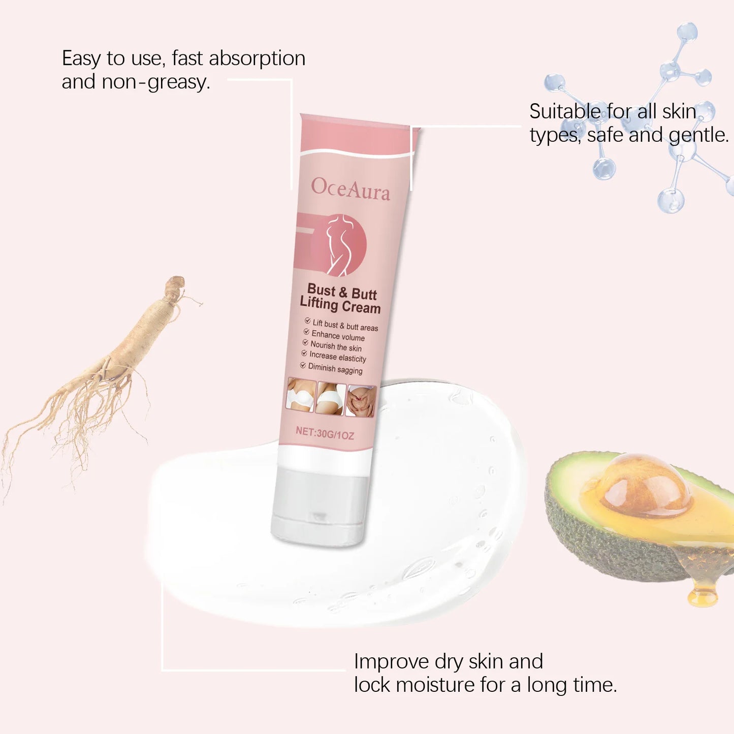 OceAura Hip & Chest Care Cream Moisturizing Firming Smooth Body Nourishing Cream for Breast And Hip Skin Care