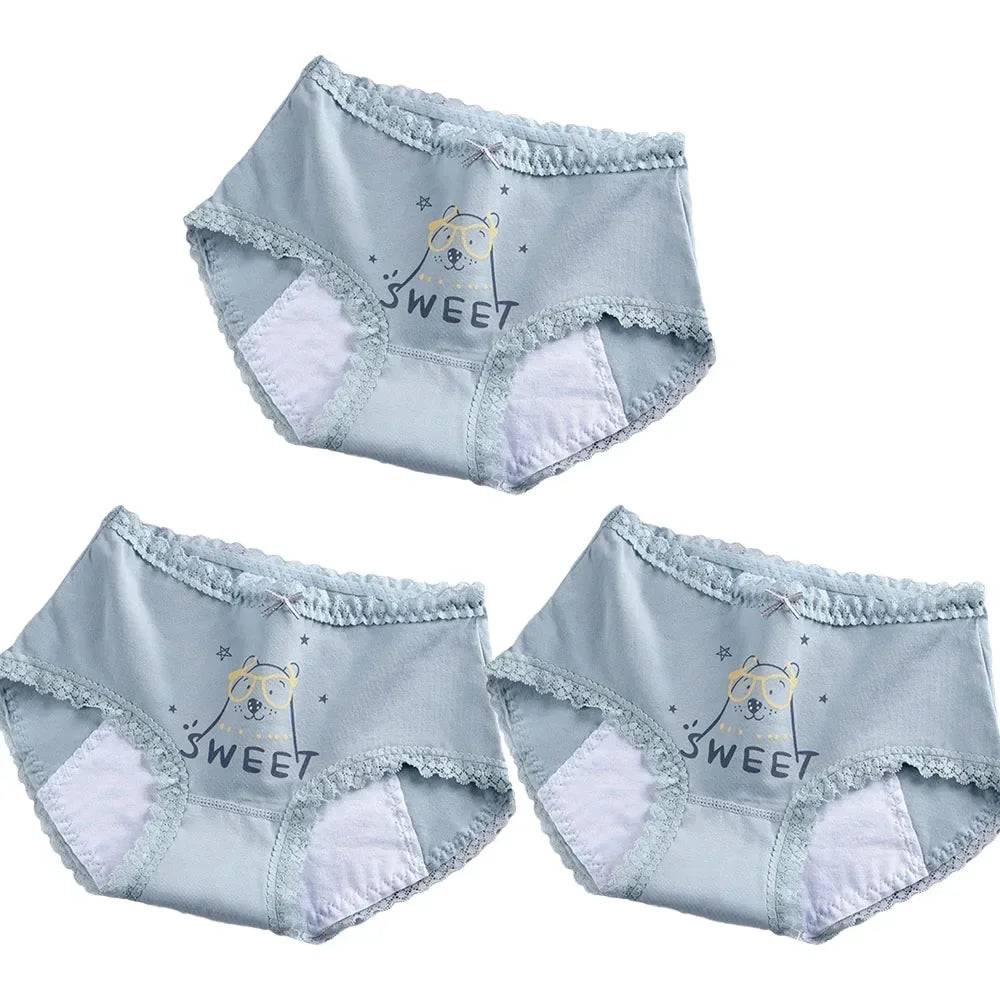 3pcs Menstrual Panties Girls Mid Waist Cartoon Bear Cotton Period Briefs Soft Leak proof Absorbent Incontinence Underwear S-XL