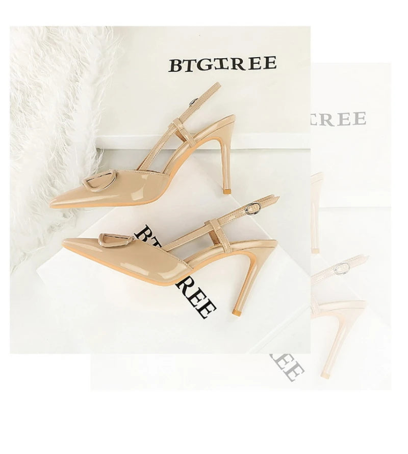 French Elegant And Fashionable V-Shaped Square Buckle Pointed High Heels For Women's Thin Heel Patent Leather Tripping Women's