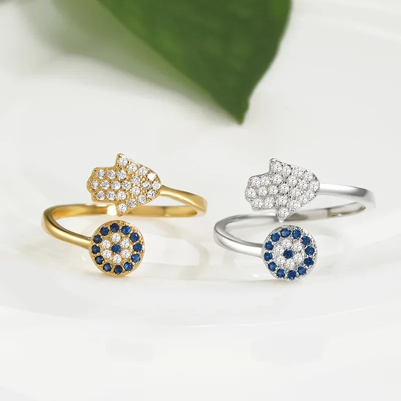 YILUOCD Hamsa Fatima's Hand Open Rings Turkish Blue Cubic Zircon Evil Eye Ring Protection Amulet Islamic Jewish Jewelry