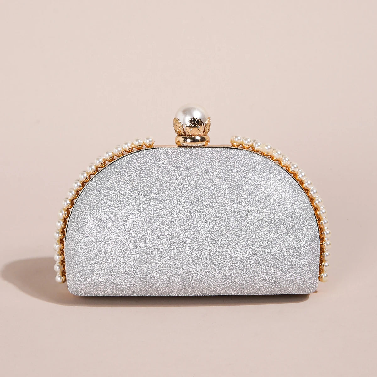 1PC Luxury Faux Pearl Decor Evening Bag,Big Faux Pearl Closure Sparkling Women's Clutch Purse For Wedding Prom Party