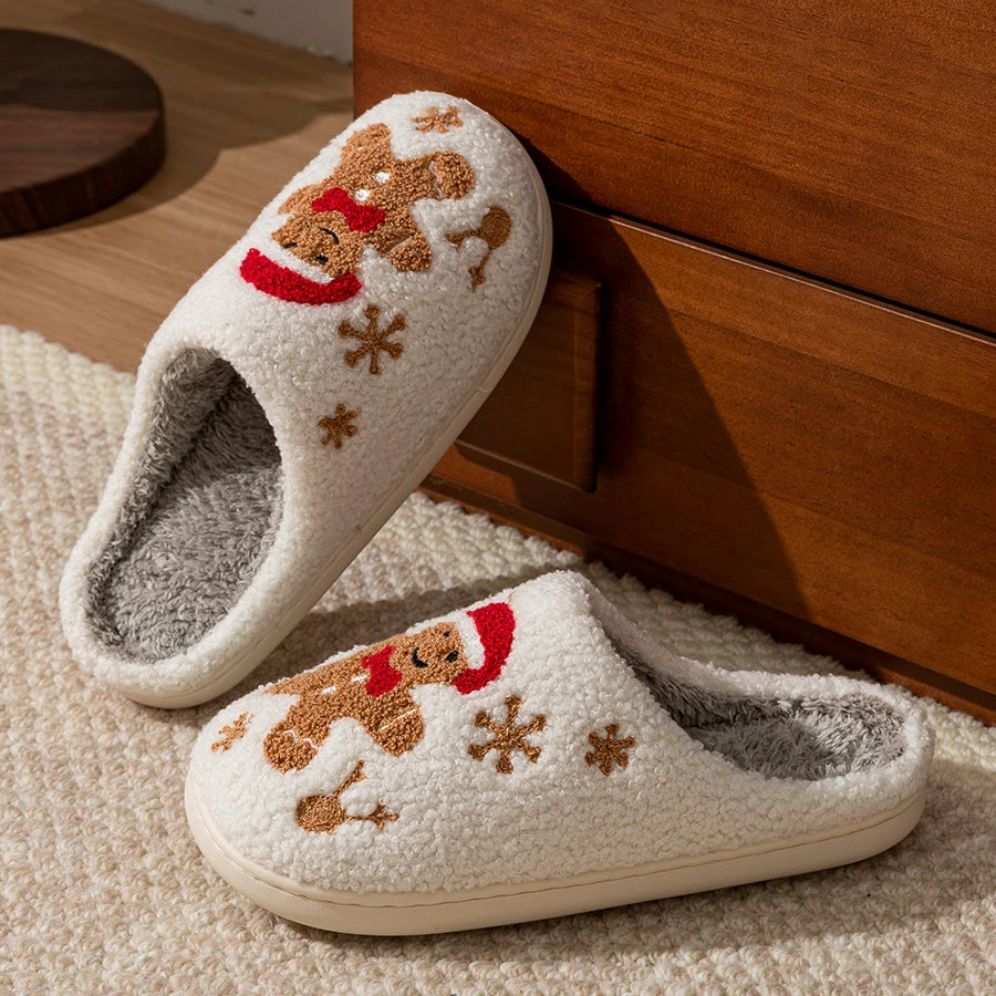 Winter Women's Warm Christmas Slippers Cute Pattern Indoor Soft Sole Comfortable Casual Gingerbread Gift Home Shoes