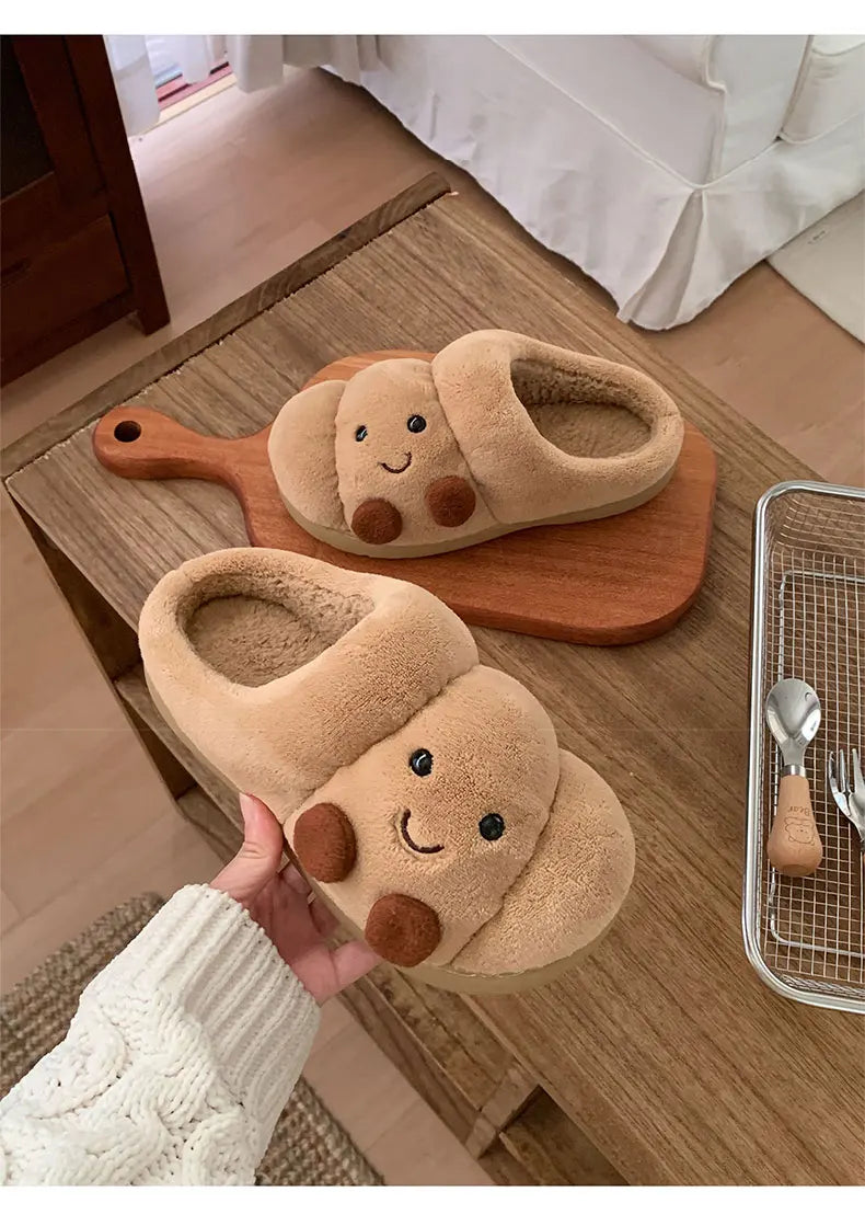 Fun Croissant Bread Cotton Slippers for Men and Women, Winter Couple Home Use, Thick-Soled Non-Slip Home Slippers for Women