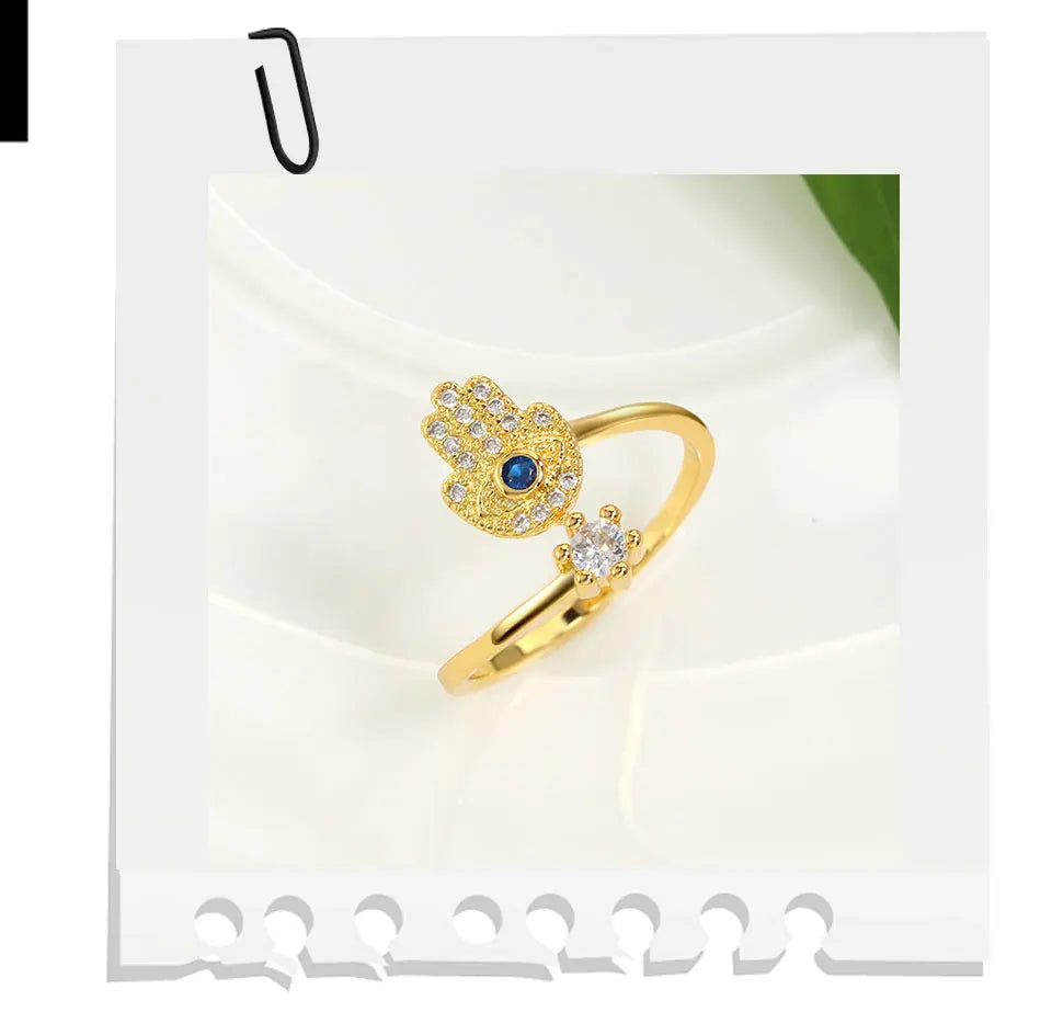 YILUOCD Hamsa Fatima's Hand Open Rings Turkish Blue Cubic Zircon Evil Eye Ring Protection Amulet Islamic Jewish Jewelry