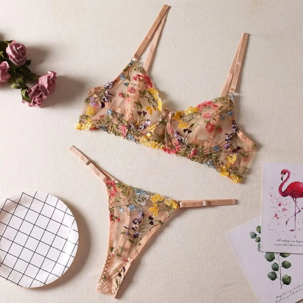 2-Piece Sexy Floral Lingerie Set Embroidery Sheer Women Underwear Boho Bra Panty Set