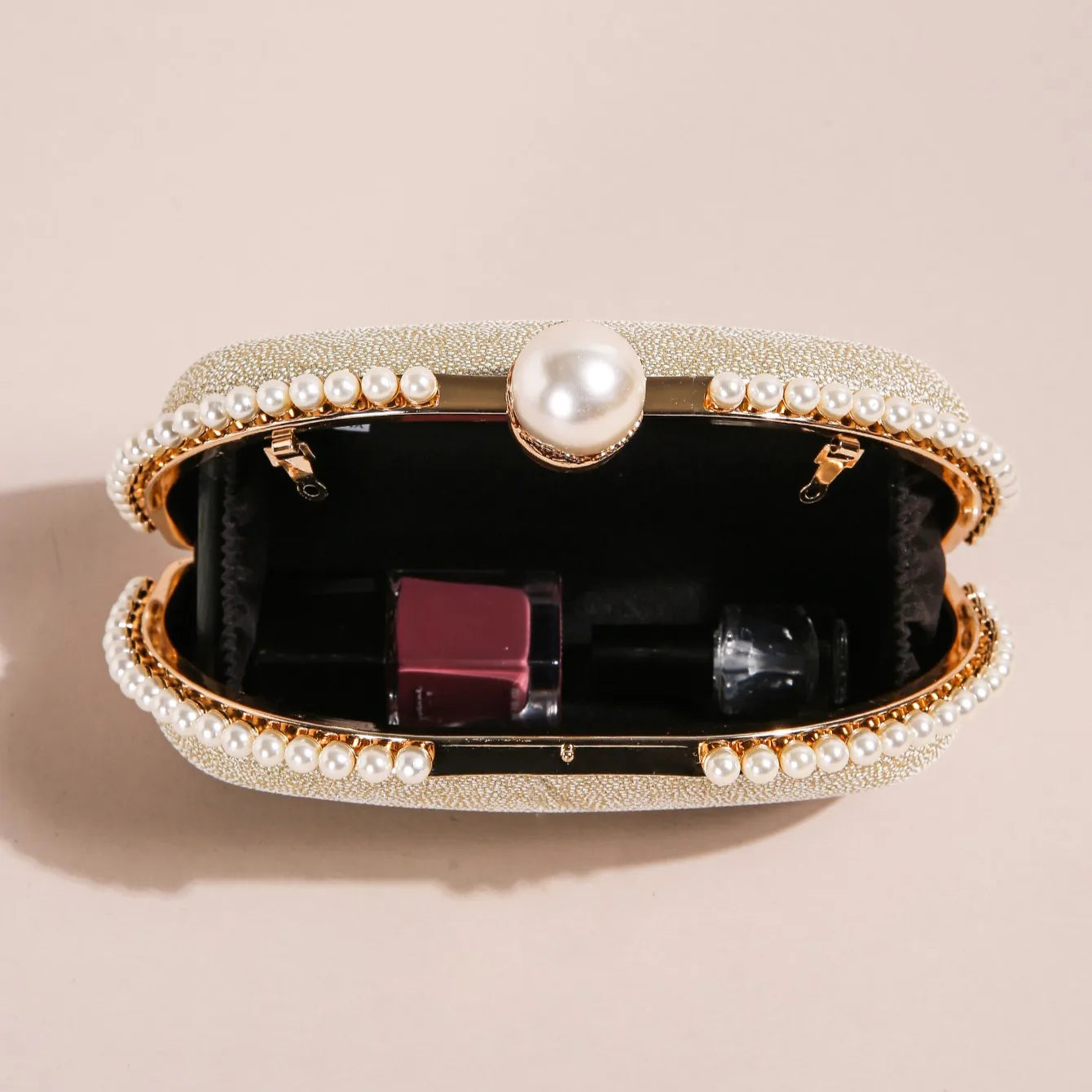 1PC Luxury Faux Pearl Decor Evening Bag,Big Faux Pearl Closure Sparkling Women's Clutch Purse For Wedding Prom Party