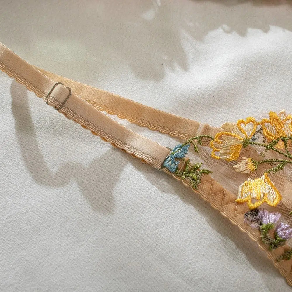 2-Piece Sexy Floral Lingerie Set Embroidery Sheer Women Underwear Boho Bra Panty Set