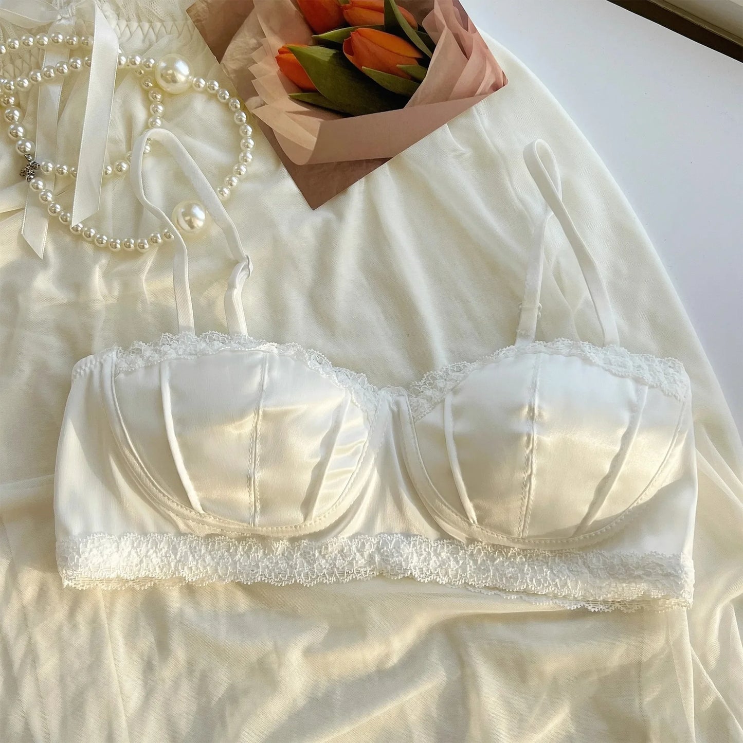 French Satin Seashell Cup Lace Rimmed Lingerie Women's Underwire Thin Half Cup Sexy Girl Bra