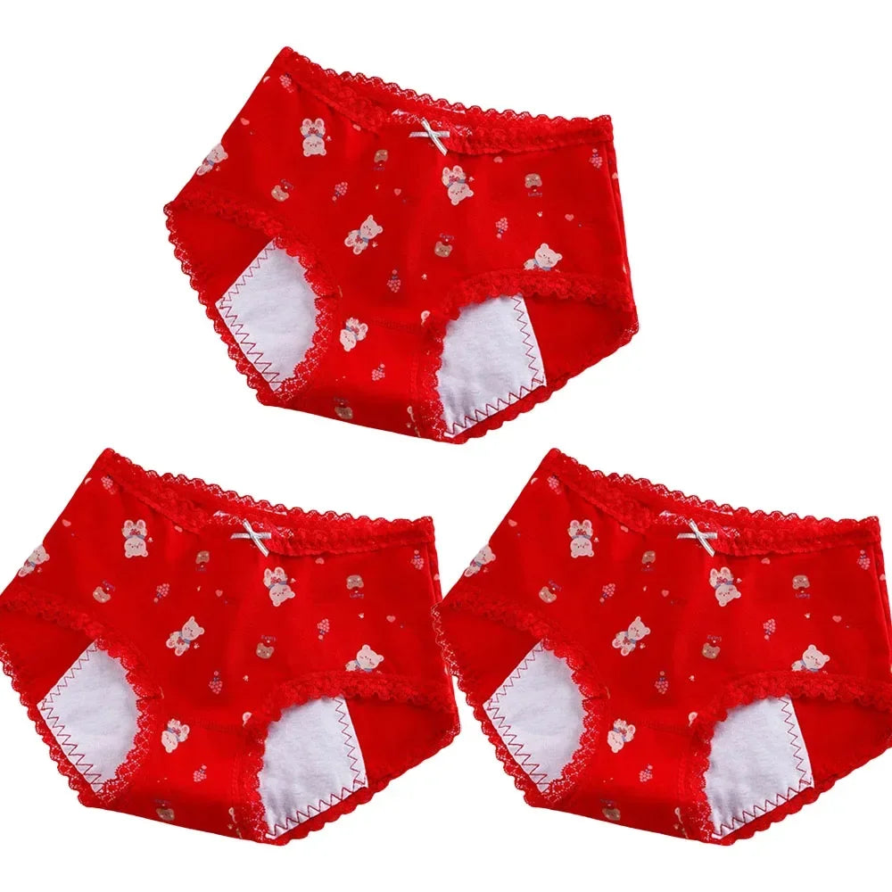 3pcs Menstrual Panties Girls Mid Waist Cartoon Bear Cotton Period Briefs Soft Leak proof Absorbent Incontinence Underwear S-XL
