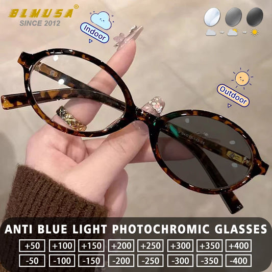 BLMUSA Retro Anti Blue Ray Photochromic Myopia Glasses Women Oval Small Frames Prescription Glasses Pop Classic Reading Glasses
