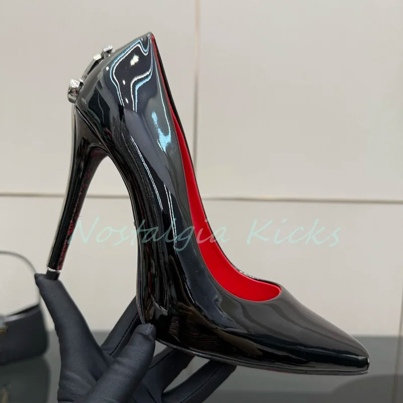 Fashion Suede Stiletto Heel Sword Design Pumps Pointed Toe Metal Embellished Elegant Evening Shoes Party Ladies Dress Shoes