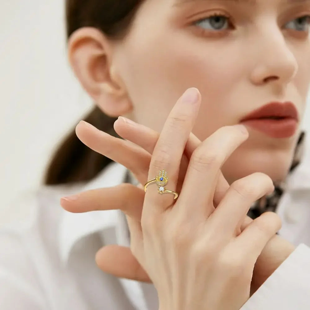 YILUOCD Hamsa Fatima's Hand Open Rings Turkish Blue Cubic Zircon Evil Eye Ring Protection Amulet Islamic Jewish Jewelry