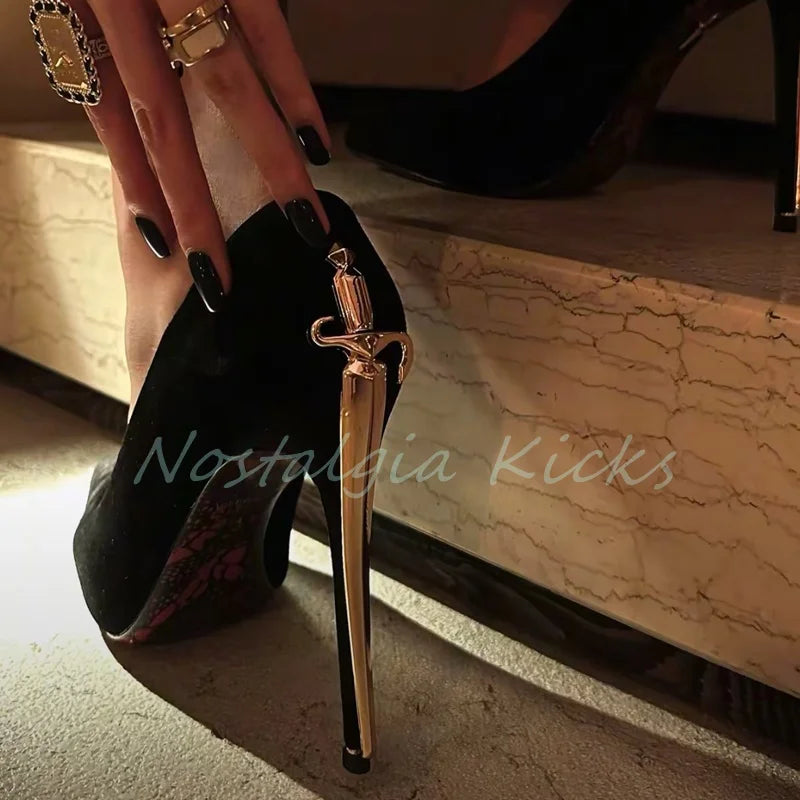 Fashion Suede Stiletto Heel Sword Design Pumps Pointed Toe Metal Embellished Elegant Evening Shoes Party Ladies Dress Shoes