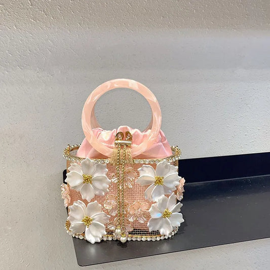 Hollow Out Metal Cage Handbag Women's Flower Clutch Purse Crystal Shiny Rhinestone Diamond Evening Bag Wedding Party