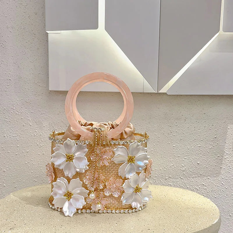 Hollow Out Metal Cage Handbag Women's Flower Clutch Purse Crystal Shiny Rhinestone Diamond Evening Bag Wedding Party